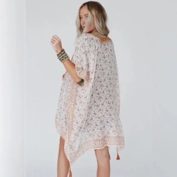 Camel Ditsy Floral Paisley Kimono Open Wrap Coverup Top One Size - Picture 5 of 5